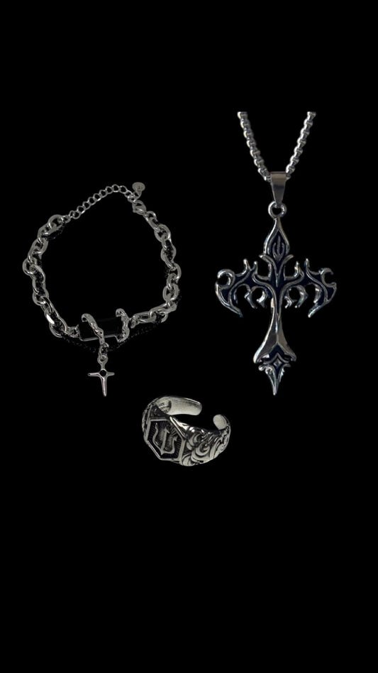 Onyx Bracelet + Dragon Cross Necklace + Trident Ring